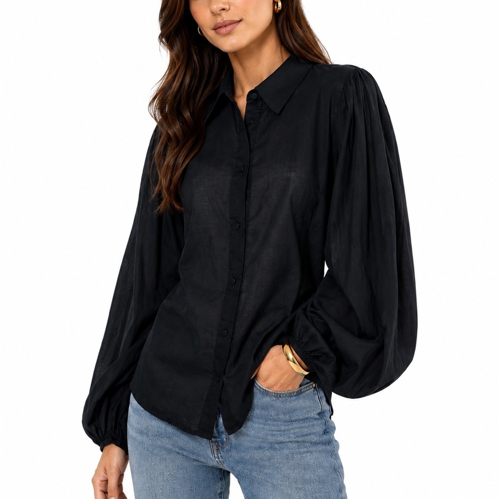 Banana Republic Cotton Voile Black Women's  Shirt Plated Balloon Sleeve L NEW